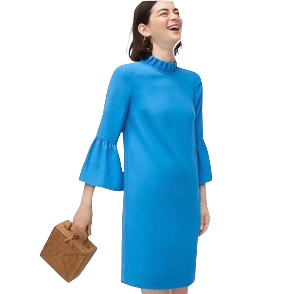 J.Crew Blue Ruffle Neck 365 Long Bell Sleeve Shift Dress Sz 16